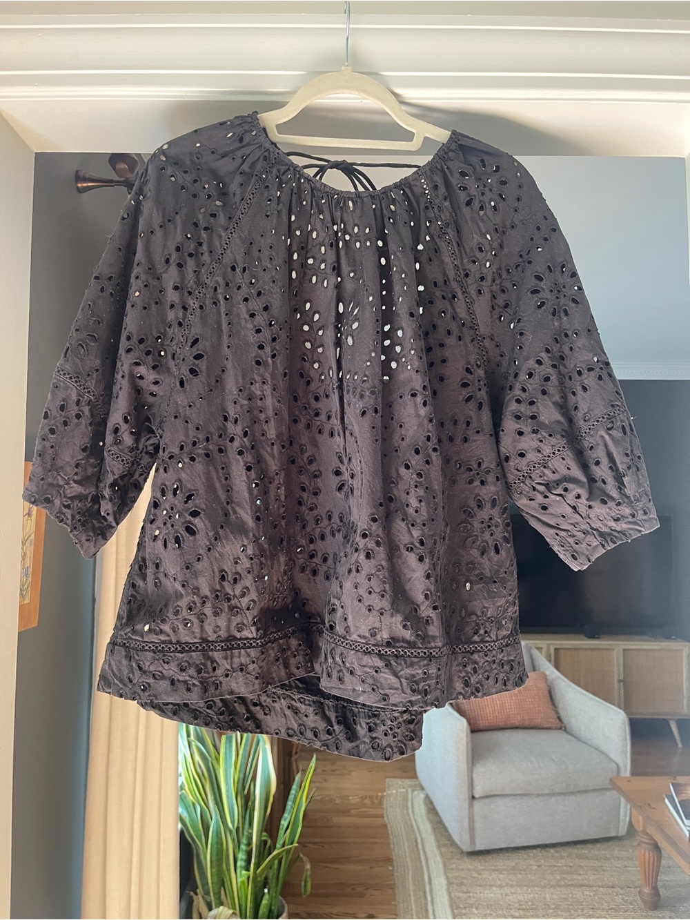 Zara Black Eyelet Peasant Blouse - Black